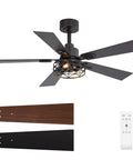 Breezary 52" Farmhouse Ceiling Fans with Lights and Remote, featuring matte black and wood blades, caged light, and remote control.