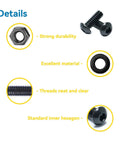 Detail view of All In One M5 Screws and Nuts Kit With 240 Pieces Including M5x6mm 8mm 10mm 12mm 16mm 20mm 25mm 30mm Hex Button Head Socket Cap Screws 80 Nuts 80 Washers Wrench Black Zinc Plated showing durability and material quality of black zinc screws, nuts, and washers with descriptions of neat threads and standard inner hexagon.