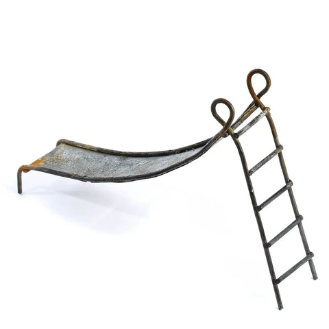 Miniature Rustic Metal Slide For Fairy Garden Bench And Backyard Micro Landscape Set Featuring Super Chill Vintage Vibes And Totally Rad Design. 1.75in wide by 4.5in tall.