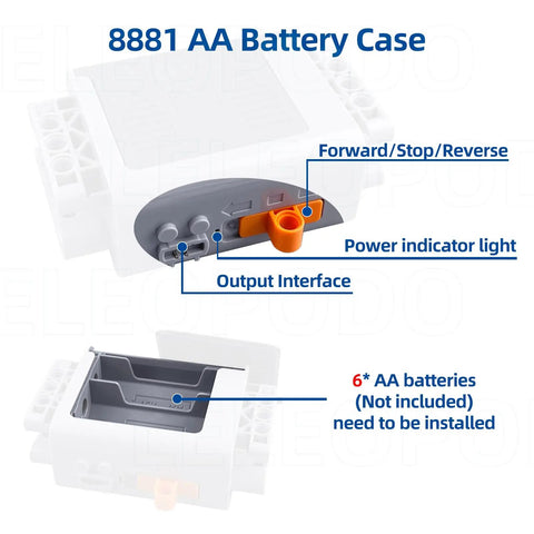 6-In-1 Power Functions Motors Kit AA battery box labeled with functions like forward, stop, and reverse, showing power indicator.