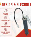 Two Pack Lever Action Grease Gun Set Heavy Duty 10000 PSI With 18 Inch Whip Hose Aluminum Cast Head graphic showing features