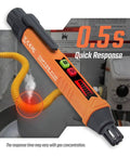 Portable Gas Leak Detector With Quick Audible And Visual Alarm Sniffs For Natural Gas Methane Propane Butane LPG And More Pinpoints Leaks Fast To Keep Your Home Safe Includes Two Batteries Orange Color close-up showing LCD display and sensor in action.