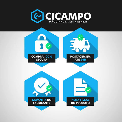 Infographic with icons for secure purchase, 24h shipping, manufacturer warranty, and product invoice in blue hexagons.