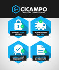 CICAMPO guarantee symbols showing secure purchase, fast shipping, product warranty, and invoice for Makita 18 Volt Cordless Automatic Rebar Tying Tool.