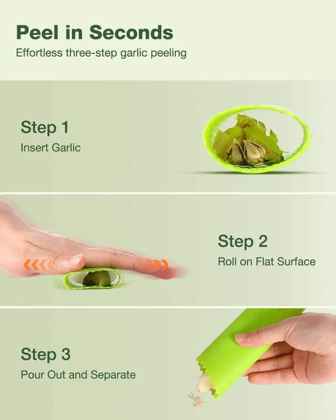 Three-step garlic peeling guide with insert garlic, roll on flat surface, and pour out using silicone peeler from Garlic Press Rocker Stainless Steel Crusher Mincer And Chopper With Peeler And Scraper For Effortless Garlic Crushing Using A Smooth Rocking Motion And A Comfy Grip For Fast Easy Prep.