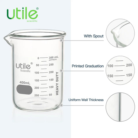 12 Pack 400ml Low Form Beaker Set With Spouts, 13.5oz Thick Borosilicate 3.3 Lab Beakers with Printed Graduation and Marking Area