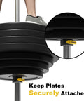 Close-up of 2 Inch Olympic Barbell Clamps With Non Slip Quick Release Collars For Heavy Lifts securing weight plates in gym.