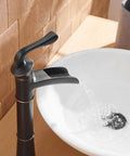 Antique Oil Rubbed Bronze Vessel Sink Faucet With Waterfall Spout Tall Single Hole Farmhouse Black Finish Pop Up Drain One Handle