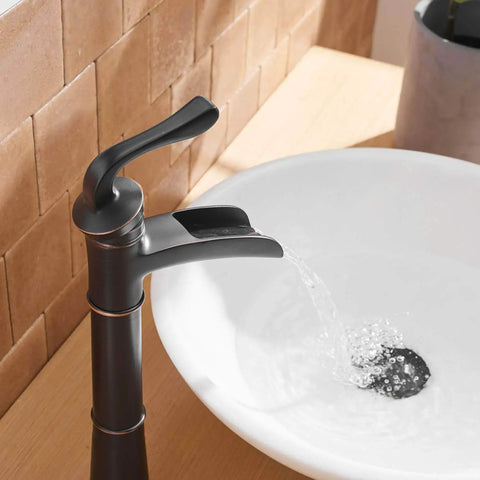 Antique Oil Rubbed Bronze Vessel Sink Faucet With Waterfall Spout Tall Single Hole Farmhouse Black Finish Pop Up Drain One Handle