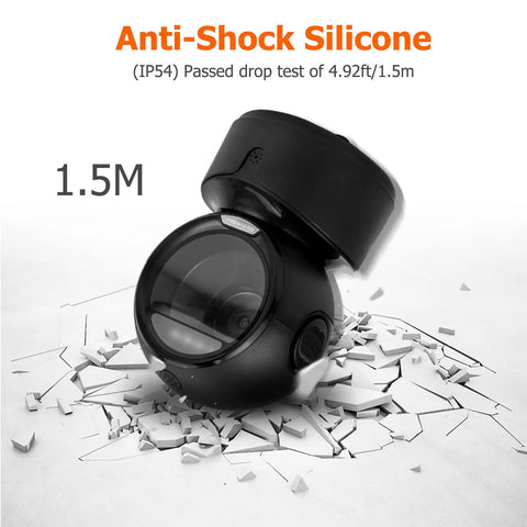 Automatic Omnidirectional Desktop Barcode Scanner Hands Free USB Wired QR Code Reader For 1D 2D Barcodes In Warehouses Supermarkets Retail Stores Bookstores POS Systems showing anti-shock feature after 1.5M drop test.