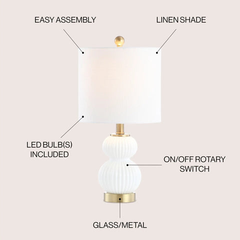 Ribbed Gourd Glass Table Lamp In White And Brass Gold Dope Modern Bedside Light With White Linen Drum Shade 20 Inch Tall LED Bulb Included