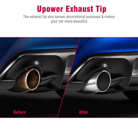 Before and after image with Universal Diesel Truck Exhaust Tip 4 Inch Inlet 6 Inch Outlet showing anti-corrosive mirror finish