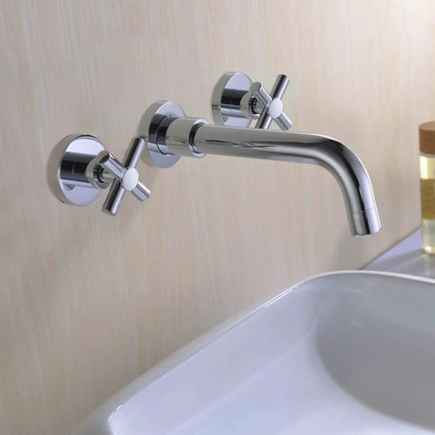 Wall Mount Bathroom Faucet With Cross Handles In Modern Chrome Finish above a vessel-style sink, showcasing easy install and durability.