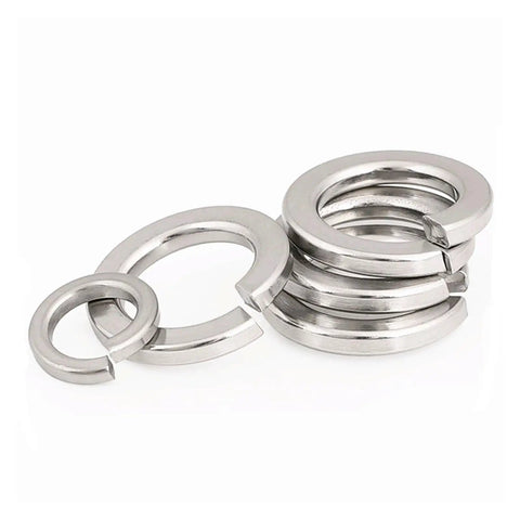 Stack of 304 Stainless Steel Spring Lock Washers Set in multiple sizes 10 to 100 pieces prevents loosening from vibration and friction