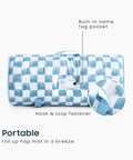All In One Toddler Nap Mat With Pillow And Minky Fleece Blanket, Blue White Gingham Grid Checkered Design rolled up