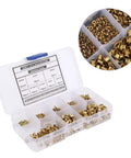 650 Pcs Solid Brass Eyelets Rivets Kit Featuring Hollow Metal Buttonhole Fasteners in a clear storage box organized by size.