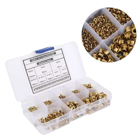 650 Pcs Solid Brass Eyelets Rivets Kit Featuring Hollow Metal Buttonhole Fasteners in a clear storage box organized by size.