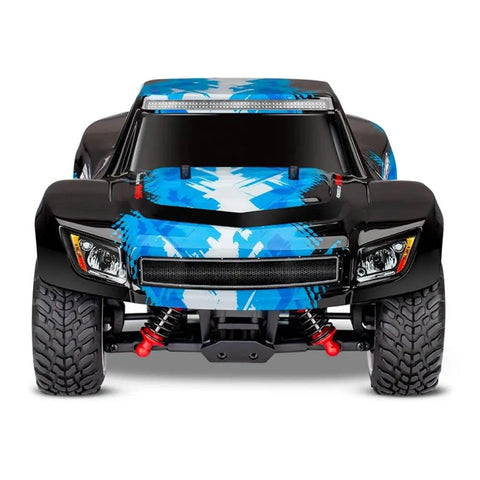Front view of LaTrax Desert Prerunner 1 By 18 Scale 4WD Electric Truck RTR Blue Beast with striking blue design and robust tires.