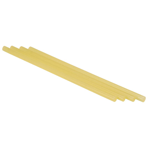 Five tan hot melt adhesive sticks 3738 TC, 5/8 in x 2 in, 100% solids, general purpose glue for woodworking, upholstery, and more.