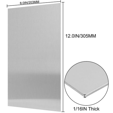Front view of an 8x12 inch 430 stainless steel sheet, 1/16 inch thick, brushed metal plate
