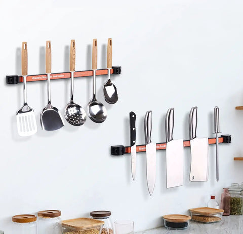 4 Pack Magnetic Tool Holder Bars 12 Inch Heavy Duty Wall Rack With Mounting Brackets And Screws, each bar holding kitchen utensils