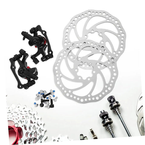 Heavy Duty Front And Rear Mechanical Disc Brake Pad Upgrade For Mountain Bikes featuring forged aluminum calipers and sintered pads.