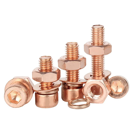 Stainless Steel Hex Socket Head Cap Screws And Nuts Kit With Flat And Spring Washers M3 To M8, SS304 Hardware Set For Indoor Outdoor Use, Built To Last Threads, Easy Tightening And Quick Adjustments. Copper hex socket screws, nuts, and washers