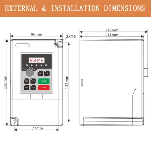 Dimensions diagram of the Beefed Up 1.5KW VFD Motor Speed Controller For CNC Spindle Inverter 3 Phase Converter 220V 0 To 2000 Hz