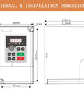 Technical diagram showing dimensions of 2.2kW 220V VFD Converter Single to 3-Phase Inverter Variable Frequency Drive
