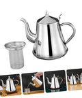 Premium Stainless Steel Long Spout Pour Over Kettle With Cool Touch Grip and Tight Sealed Lid, sleek design with fine mesh filter.