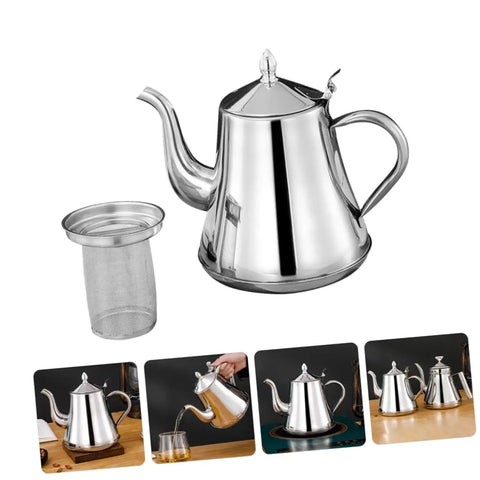 Premium Stainless Steel Long Spout Pour Over Kettle With Cool Touch Grip and Tight Sealed Lid, sleek design with fine mesh filter.