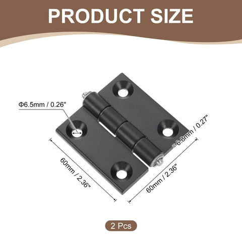 Product size diagram of Zinc Alloy Mini Folding Hinges For Cabinets 60mm X 60mm Black Two Pack Uxcell 180 Degree Adjustable Hinges.