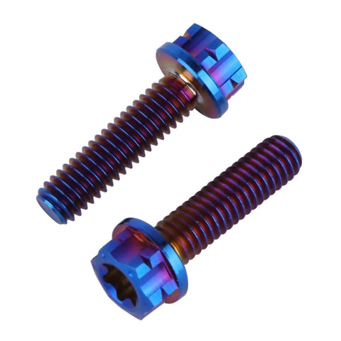 Four Pack M4X15MM Grade Five Titanium Torx Flange Bolts Burnt Blue Finish Ultra Lightweight And Hella Tough Fasteners With Precise Cut Threads For Smooth Assembly - close-up view of two bolts