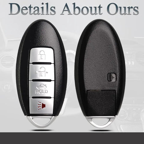 Key Fob Replacement For Nissan Altima Maxima Murano 370Z Infiniti G35 G37 EX35 FX35 FX37 Q70 Remote Smart Key Fob Plug-And-Play Ready With KR55WK48903 KR55WK49622 And Other Nissan Infiniti Vehicle Remotes shown front and back