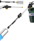 Heavy Duty Propane Weed Torch With 30 Inch Long Arm Flamethrower Tough As Nails Design For Kicking Out Nasty Weeds And Melting Frozen Pavement Yard Boss Safe Double Sealed Barrel Construction Tank Not Included, detailed view of torch with flame.