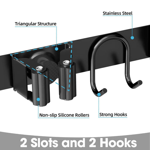 Stainless Steel Broom Holder Wall Mount 2 Pack Heavy Duty Mop Organizer With 2 Slots And 2 Hooks For Home Kitchen Garage Garden And Laundry Room Black Easy Install Durable Storage Solution