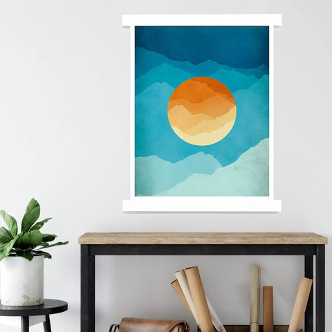 White Magnetic Wall Display Bars For Kid Art And Photos Strong Magnet Gallery Track System Total Flex Spacing Setup Show Off Child Masterpieces And Posters Quick Home Upgrade Project with colorful sunset art.