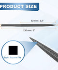 Proven Job Ready Pneumatic Air File Set With Five Square Steel Burrs designed for fast metal grinding, showcasing product size details.