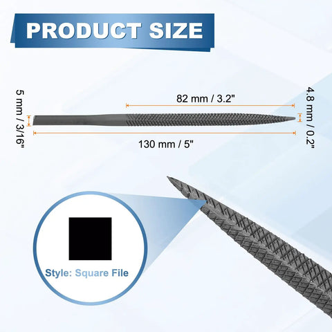 Proven Job Ready Pneumatic Air File Set With Five Square Steel Burrs designed for fast metal grinding, showcasing product size details.