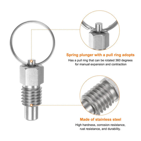 Top Notch 3 Pack Spring Plunger Pins M12 X 1.75 Thread Flat Head Stainless Steel Hardware Rust Resistant Fasteners with pull ring.