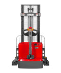 Mechmaxx 3300 Lb Electric Lithium Ion Straddle Stacker with 98 Inch Lift Height, front view, showcasing adjustable legs and control panel.