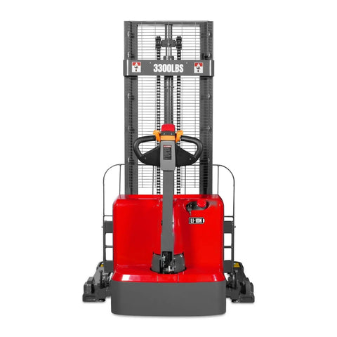 Mechmaxx 3300 Lb Electric Lithium Ion Straddle Stacker with 98 Inch Lift Height, front view, showcasing adjustable legs and control panel.