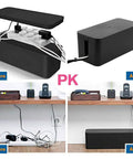 Two Pack Cable Management Box Organizer Set With Two Sizes Medium And Small To Hide Surge Protectors On Desk Before After