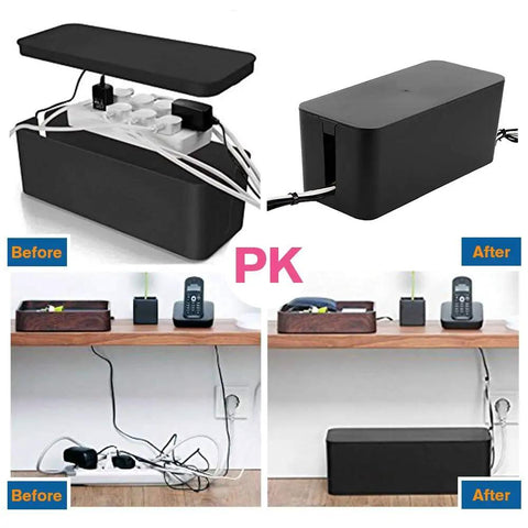 Two Pack Cable Management Box Organizer Set With Two Sizes Medium And Small To Hide Surge Protectors On Desk Before After