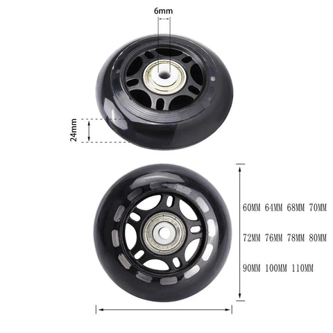 Inline Skate Replacement Wheels 60mm 82-88A With ABEC-7 Bearings, black wheels with measurements and bearings shown