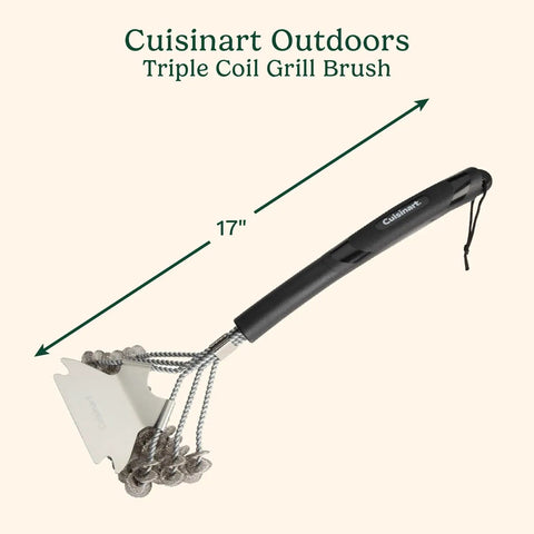 Triple Coil Grill Brush 17 Inch Stainless Steel Bristle Free Scraper For All Grates with ergonomic handle and flexible coils.