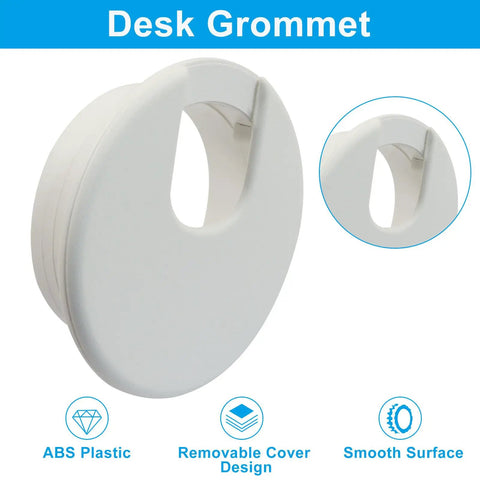 Four Pack Two Inch White Desk Grommets For Dope Cable Management And Hella Neat Workspace Setup Featuring Sturdy Abs Plastic Cord Pass Through Covers.