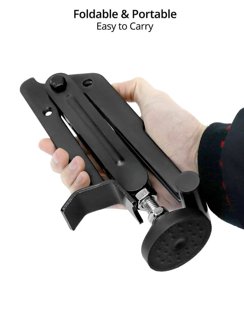 Heavy Duty Motorcycle Wheel Lift Stand For Front Or Rear Use, Track Day Ready, foldable, portable, shown in hand