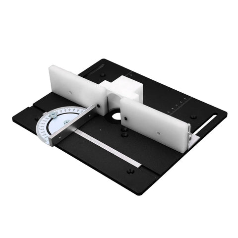 Premium Aluminum Router Table Insert Base Plate For Precision Woodworking Projects With Dead Easy Mounting Hardware And Top Shelf Metal Router System Kit In Matte Black with adjustable fence and protractor.