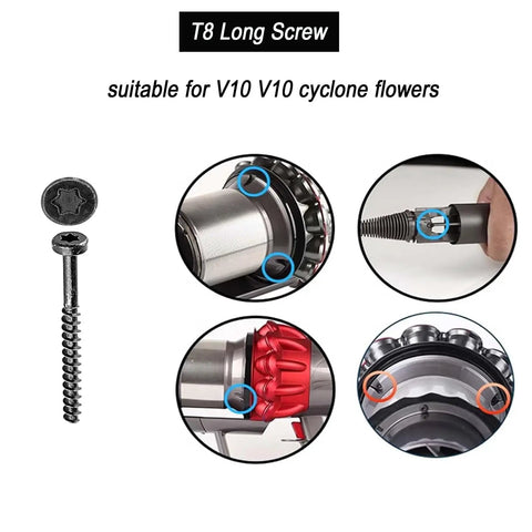 18 Piece Vacuum Screw Kit For V6 V7 V8 V10 V11 Vacuum Cleaners, showing T8 long screw for V10 cyclone flowers